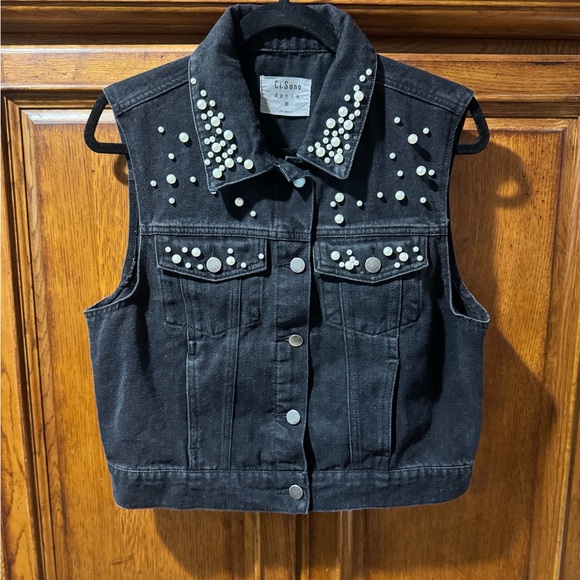 Ci Sono Jackets & Blazers - Ci Sono Black Pearl-Embellished Denim Vest